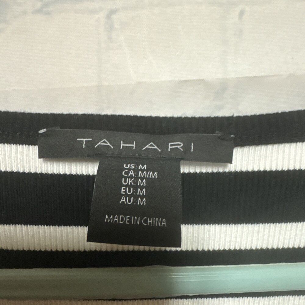 Tahari Women's Black white stripe 3/4 Sleeve Sweater Blouse Pullover Knit medium - Picture 2 of 6
